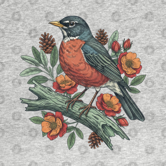 Botanical American Robin Bird Art by BirdsnStuff