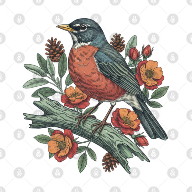Botanical American Robin Bird Art by BirdsnStuff