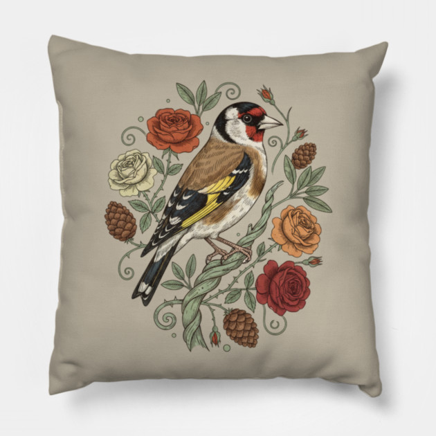 Botanical European Goldfinch Pillow by BirdsnStuff