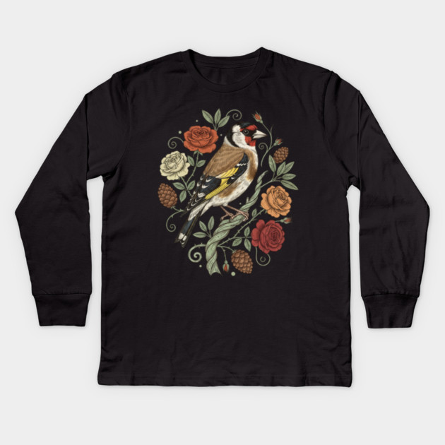 Botanical European Goldfinch Kids Long Sleeve T-Shirt by BirdsnStuff