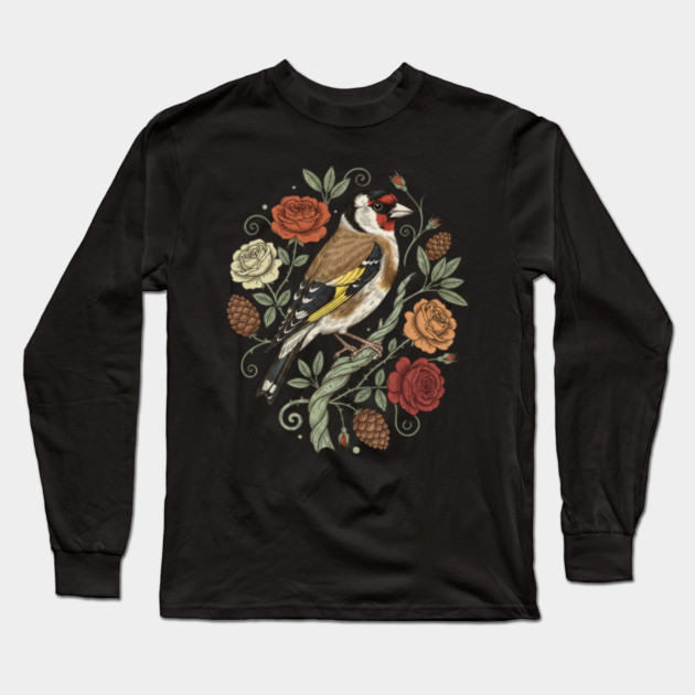 Botanical European Goldfinch Long Sleeve T-Shirt by BirdsnStuff