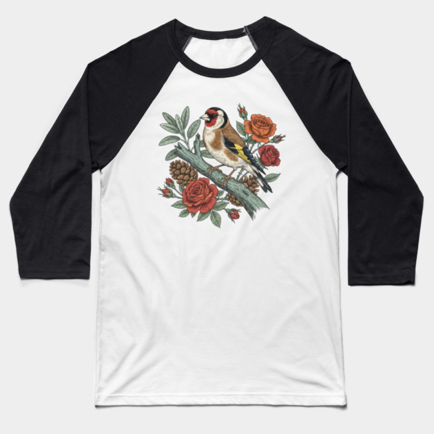 Botanical European Goldfinch Bird Art Baseball T-Shirt by BirdsnStuff