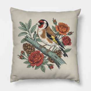 Botanical European Goldfinch Bird Art Pillow