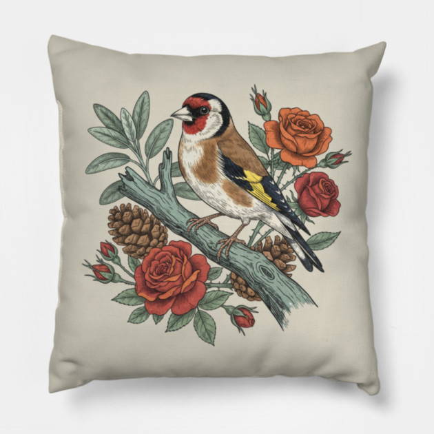 Botanical European Goldfinch Bird Art Pillow by BirdsnStuff
