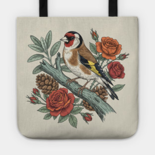 Botanical European Goldfinch Bird Art Tote