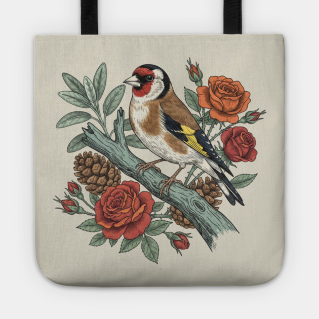 Botanical European Goldfinch Bird Art Tote by BirdsnStuff