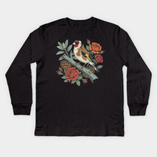 Botanical European Goldfinch Bird Art Kids Long Sleeve T-Shirt