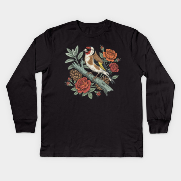 Botanical European Goldfinch Bird Art Kids Long Sleeve T-Shirt by BirdsnStuff