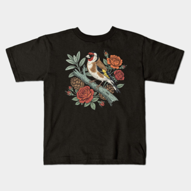 Botanical European Goldfinch Bird Art Kids T-Shirt by BirdsnStuff