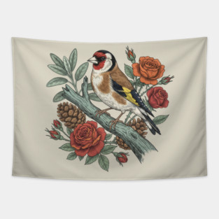Botanical European Goldfinch Bird Art Tapestry