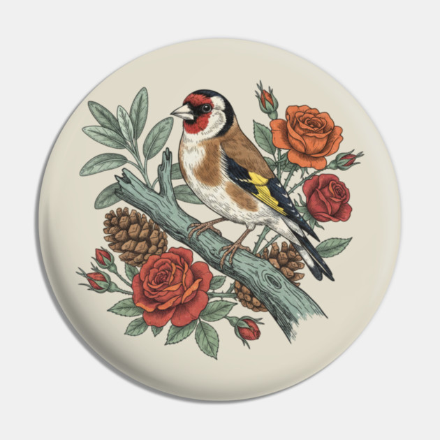 Botanical European Goldfinch Bird Art Pin by BirdsnStuff
