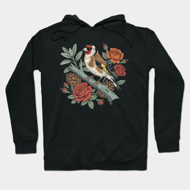 Botanical European Goldfinch Bird Art Hoodie by BirdsnStuff