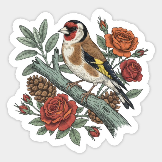 Botanical European Goldfinch Bird Art Magnet by BirdsnStuff
