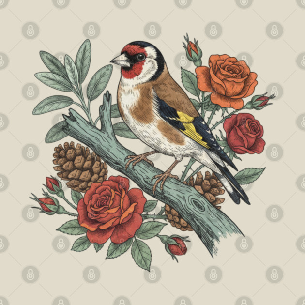 Botanical European Goldfinch Bird Art by BirdsnStuff