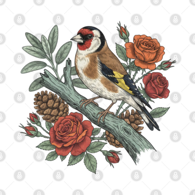 Botanical European Goldfinch Bird Art by BirdsnStuff
