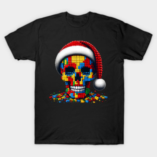 Christmas Skull Santa Hat Block Bricks Master Builder T-Shirt