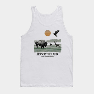 Land and Sky Connection – Minimal Vector Plains Landscape with Bison, Deer, and Eagle | Native American Day Inspired Design Tank Top