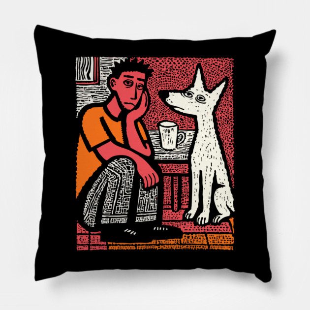 A Man's Best Friend - Folk Art Dog Linocut Pillow by TuncGK