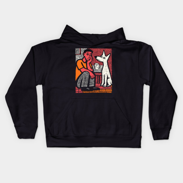 A Man's Best Friend - Folk Art Dog Linocut Kids Hoodie by TuncGK
