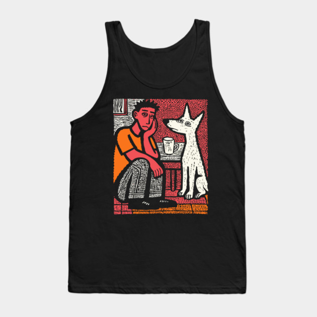 A Man's Best Friend - Folk Art Dog Linocut Tank Top by TuncGK