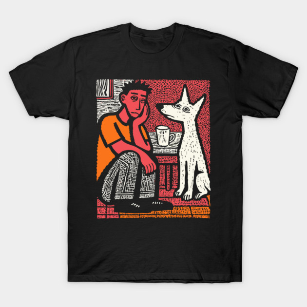 A Man's Best Friend - Folk Art Dog Linocut T-Shirt by TuncGK