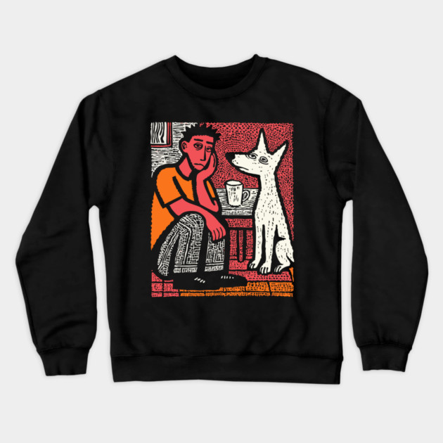 A Man's Best Friend - Folk Art Dog Linocut Crewneck Sweatshirt by TuncGK