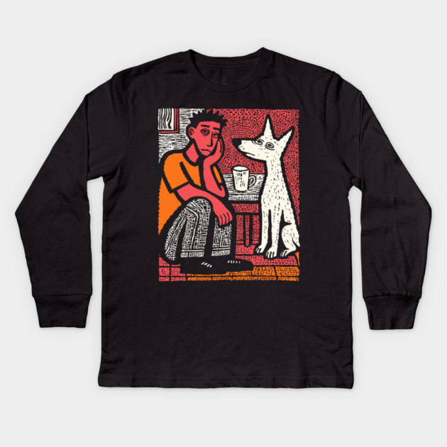 A Man's Best Friend - Folk Art Dog Linocut Kids Long Sleeve T-Shirt by TuncGK