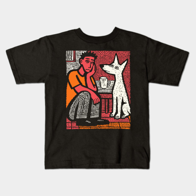 A Man's Best Friend - Folk Art Dog Linocut Kids T-Shirt by TuncGK