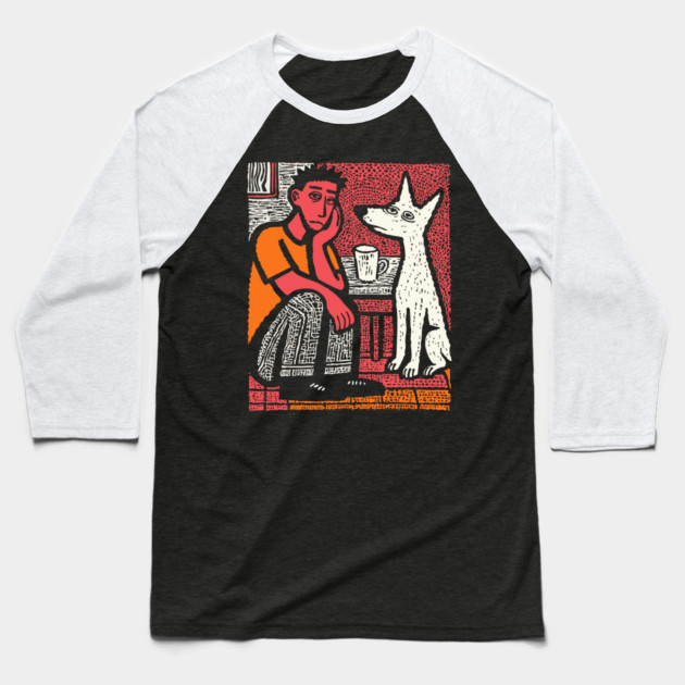 A Man's Best Friend - Folk Art Dog Linocut Baseball T-Shirt by TuncGK
