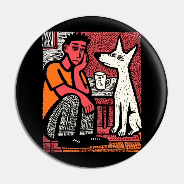A Man's Best Friend - Folk Art Dog Linocut Pin by TuncGK