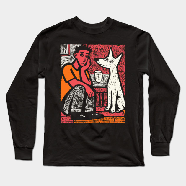 A Man's Best Friend - Folk Art Dog Linocut Long Sleeve T-Shirt by TuncGK