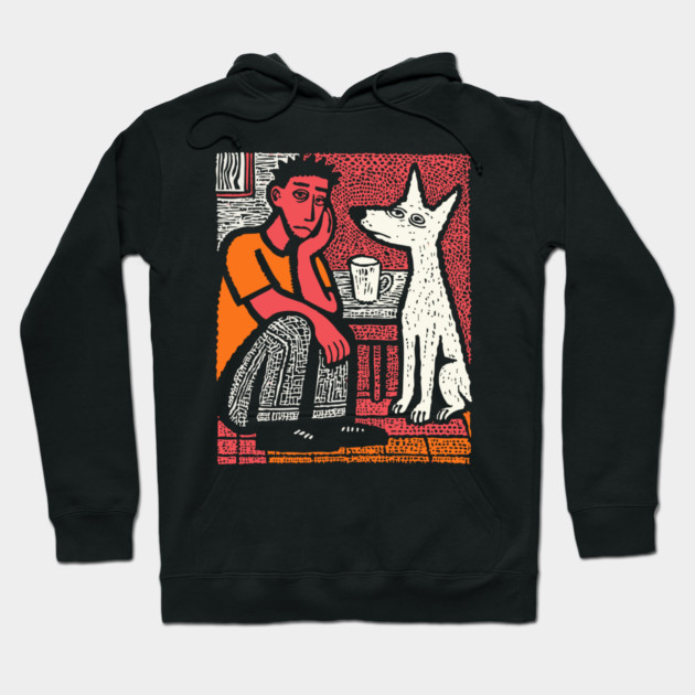 A Man's Best Friend - Folk Art Dog Linocut Hoodie by TuncGK