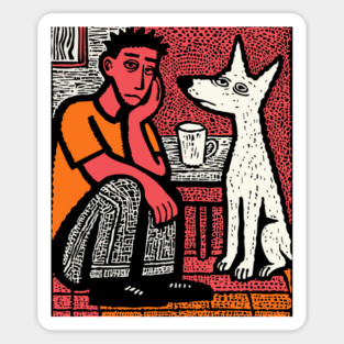 A Man's Best Friend - Folk Art Dog Linocut Magnet
