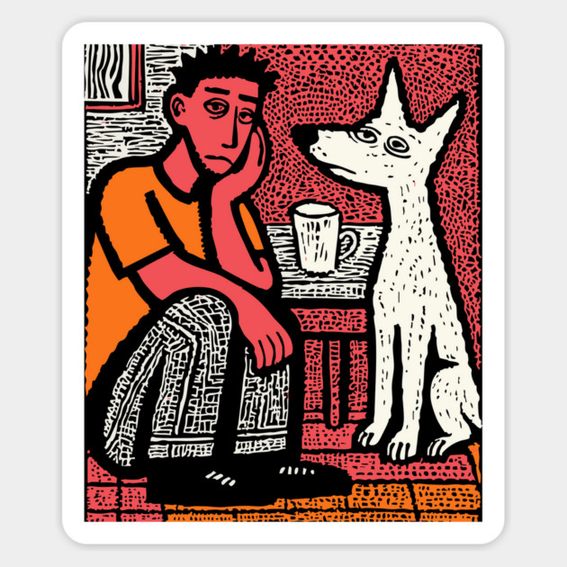 A Man's Best Friend - Folk Art Dog Linocut Magnet by TuncGK
