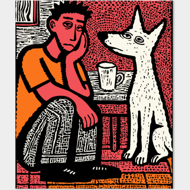 A Man's Best Friend - Folk Art Dog Linocut Wall Art by TuncGK
