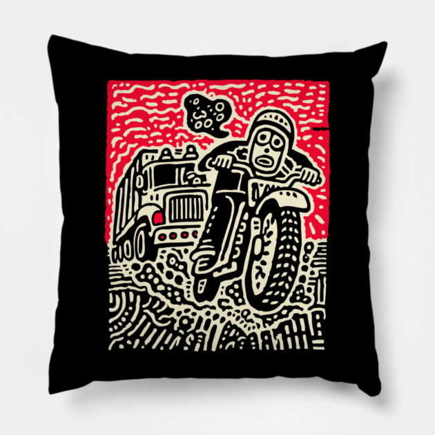 Open Road Rider - Retro Motorcycle Linocut Pillow by TuncGK