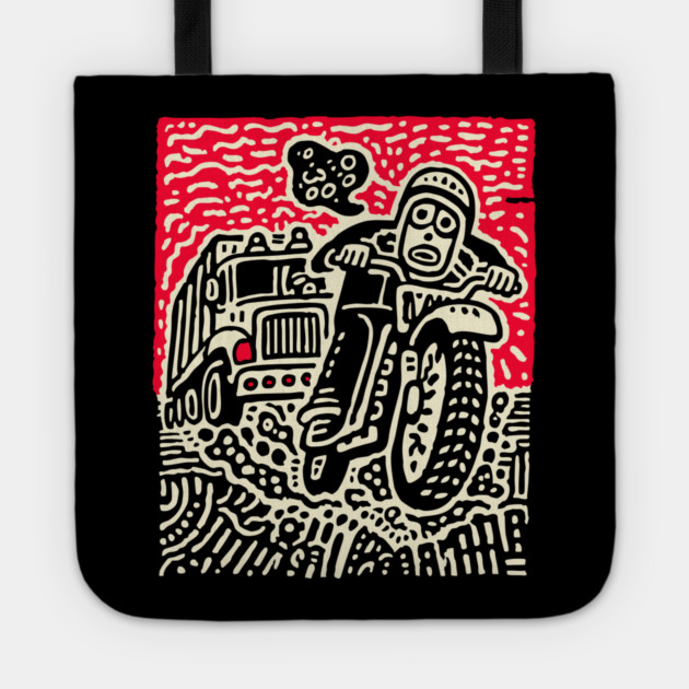 Open Road Rider - Retro Motorcycle Linocut Tote by TuncGK