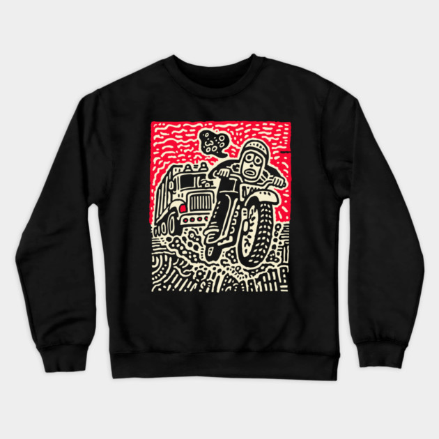Open Road Rider - Retro Motorcycle Linocut Crewneck Sweatshirt by TuncGK