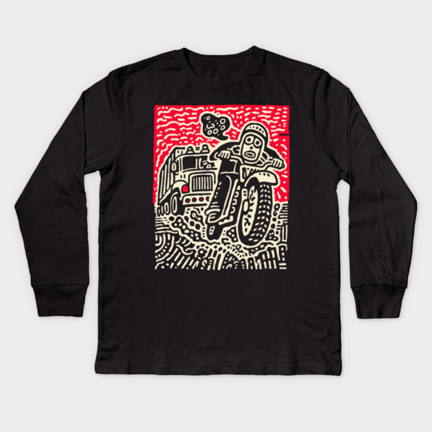 Open Road Rider - Retro Motorcycle Linocut Kids Long Sleeve T-Shirt by TuncGK