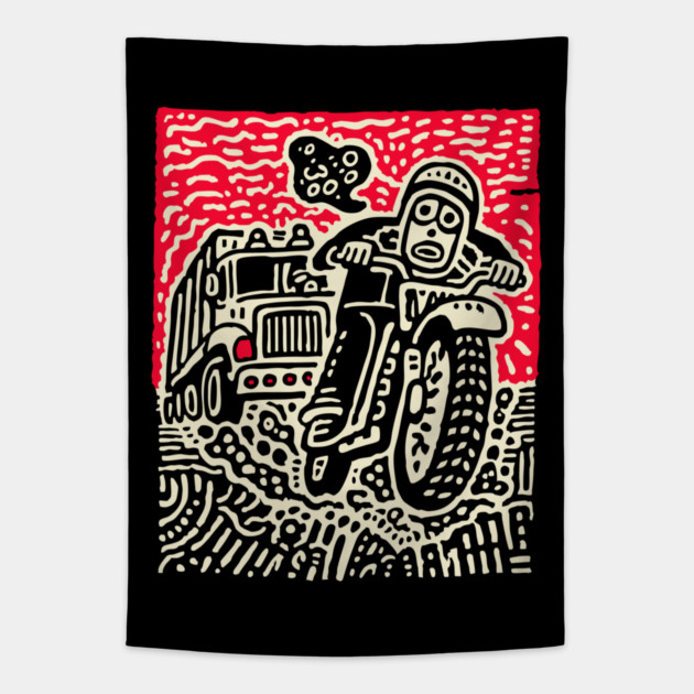 Open Road Rider - Retro Motorcycle Linocut Tapestry by TuncGK