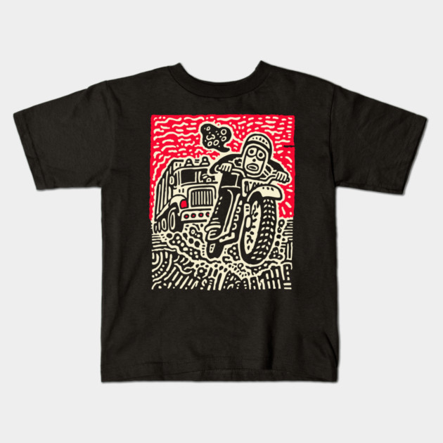 Open Road Rider - Retro Motorcycle Linocut Kids T-Shirt by TuncGK
