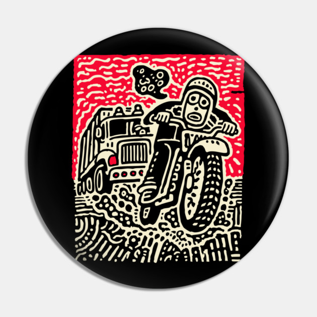 Open Road Rider - Retro Motorcycle Linocut Pin by TuncGK