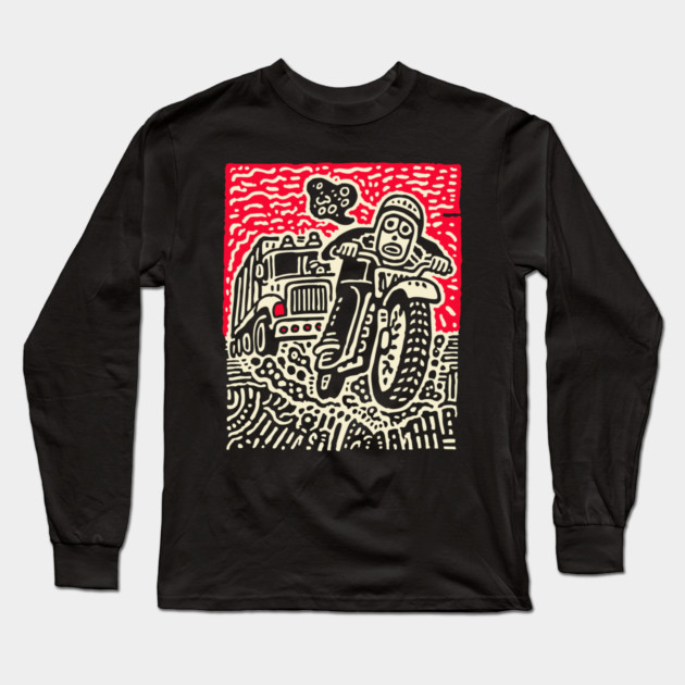 Open Road Rider - Retro Motorcycle Linocut Long Sleeve T-Shirt by TuncGK