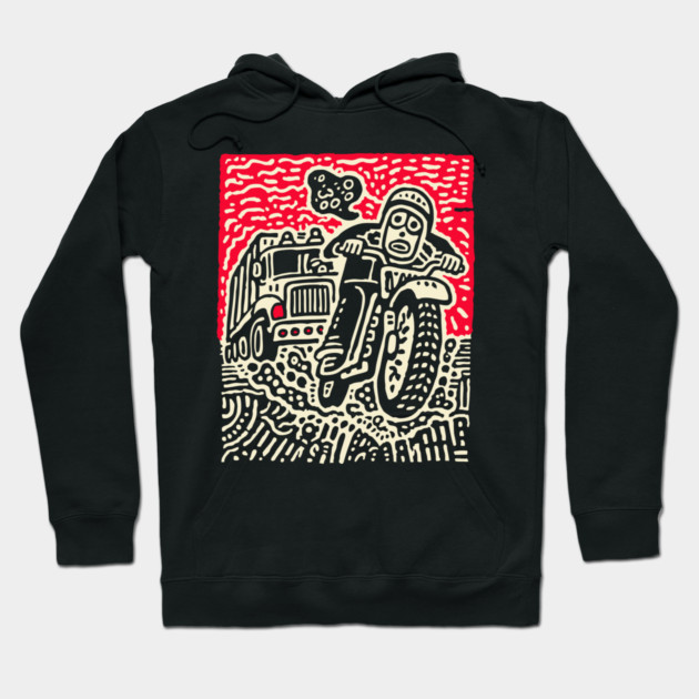 Open Road Rider - Retro Motorcycle Linocut Hoodie by TuncGK