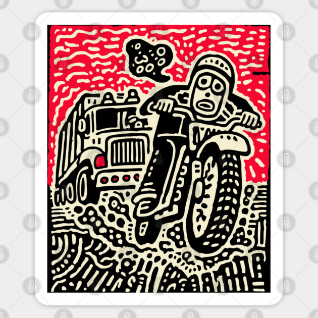 Open Road Rider - Retro Motorcycle Linocut Sticker by TuncGK