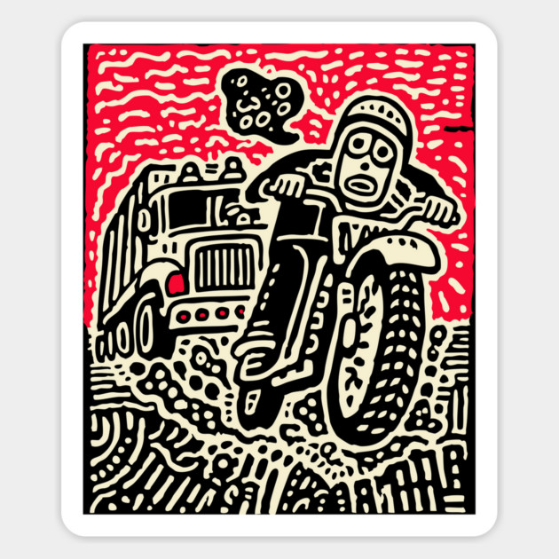 Open Road Rider - Retro Motorcycle Linocut Magnet by TuncGK