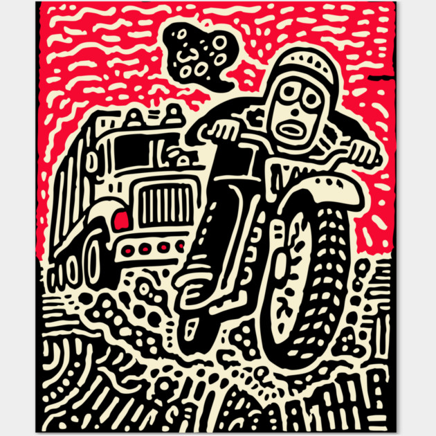 Open Road Rider - Retro Motorcycle Linocut Wall Art by TuncGK