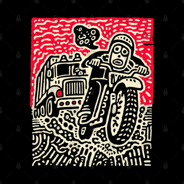 Open Road Rider - Retro Motorcycle Linocut by TuncGK