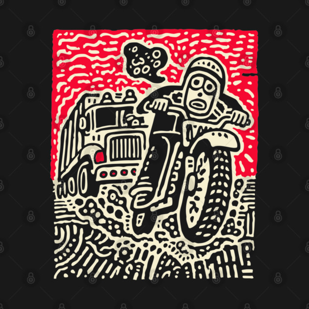 Open Road Rider - Retro Motorcycle Linocut by TuncGK