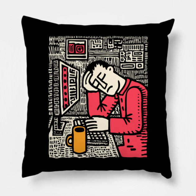 Code and Coffee - Programmer Linocut Art Pillow by TuncGK